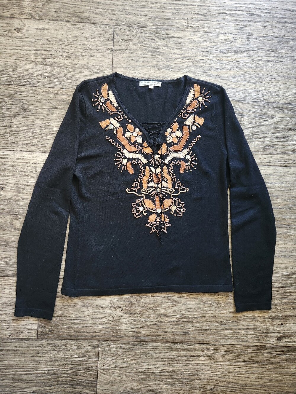 Y2K Alberto Makali Wooden Beaded Embellished Lace Up Knit Top Black Size Large